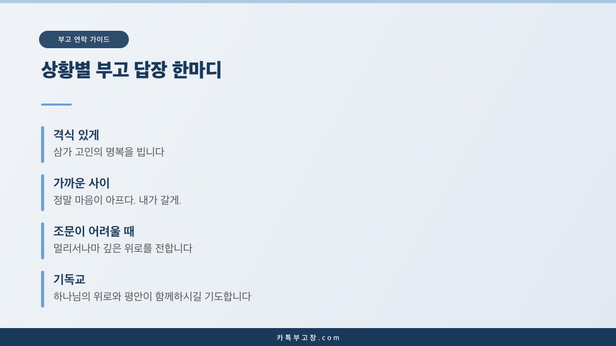격식·가까운 사이·조문이 어려울 때·종교별로 나눈 부고 답장 한마디를 정리한 요약 카드