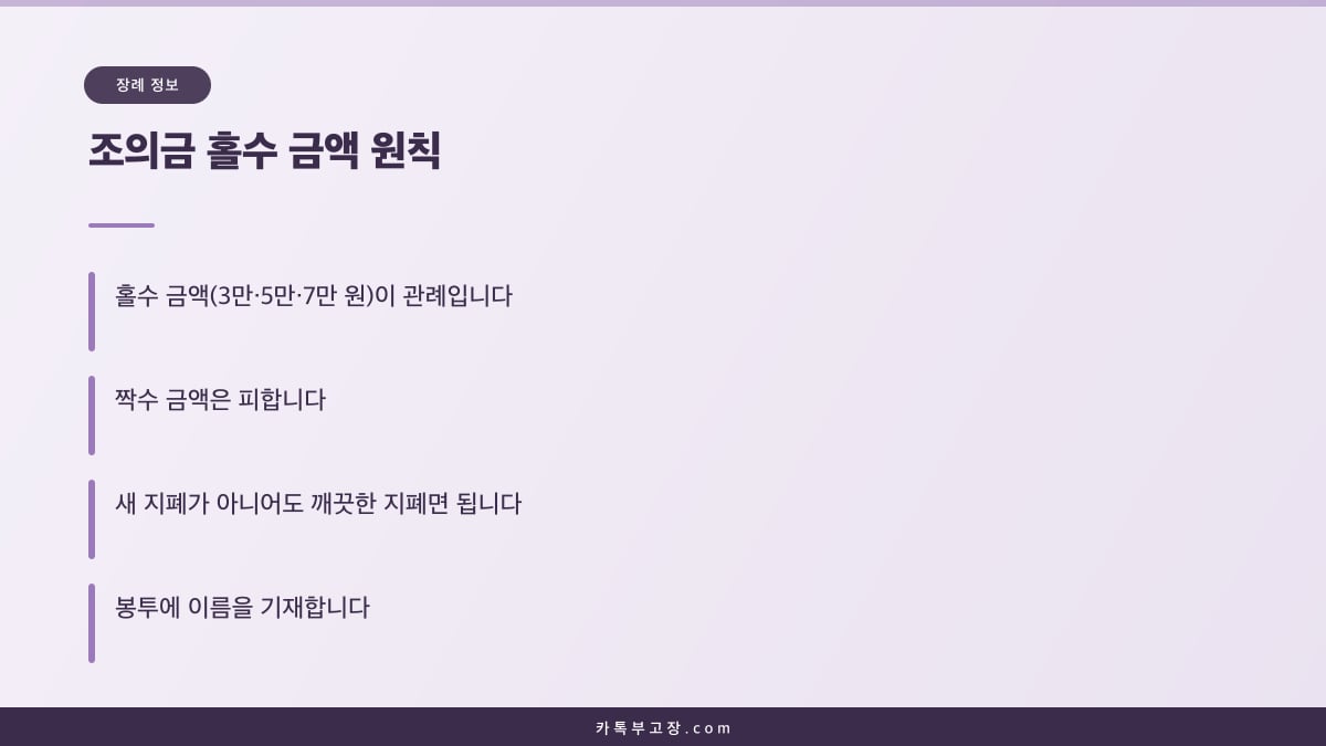조의금은 홀수 금액으로 내고 짝수를 피하며 봉투에 이름을 쓰는 원칙을 정리한 카드