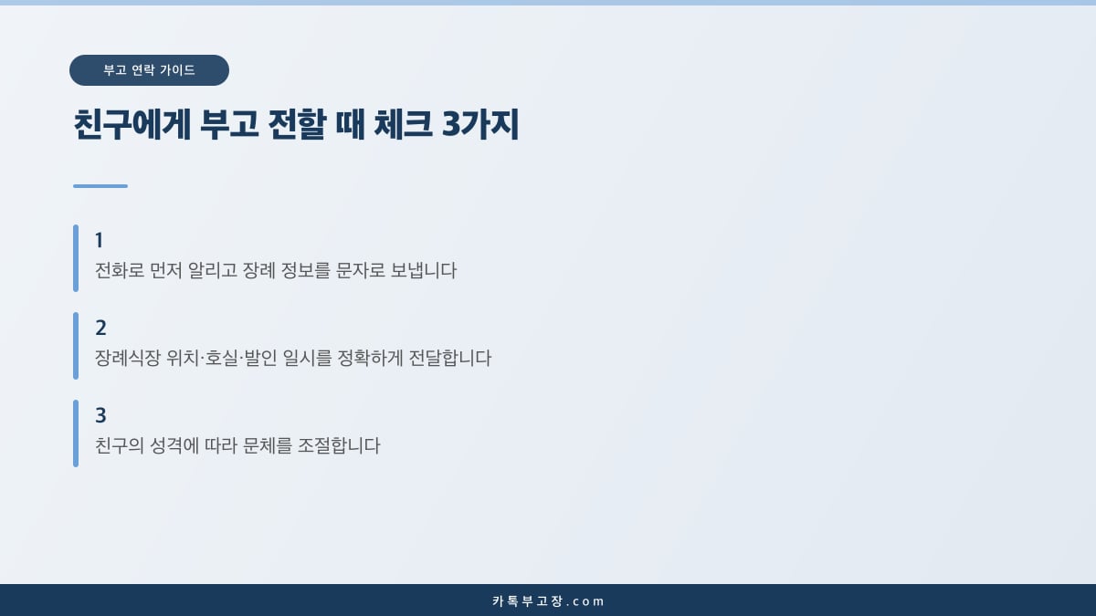 친구에게 부고를 전할 때 전화·장례 정보·문체 세 가지를 확인하도록 정리한 체크 카드